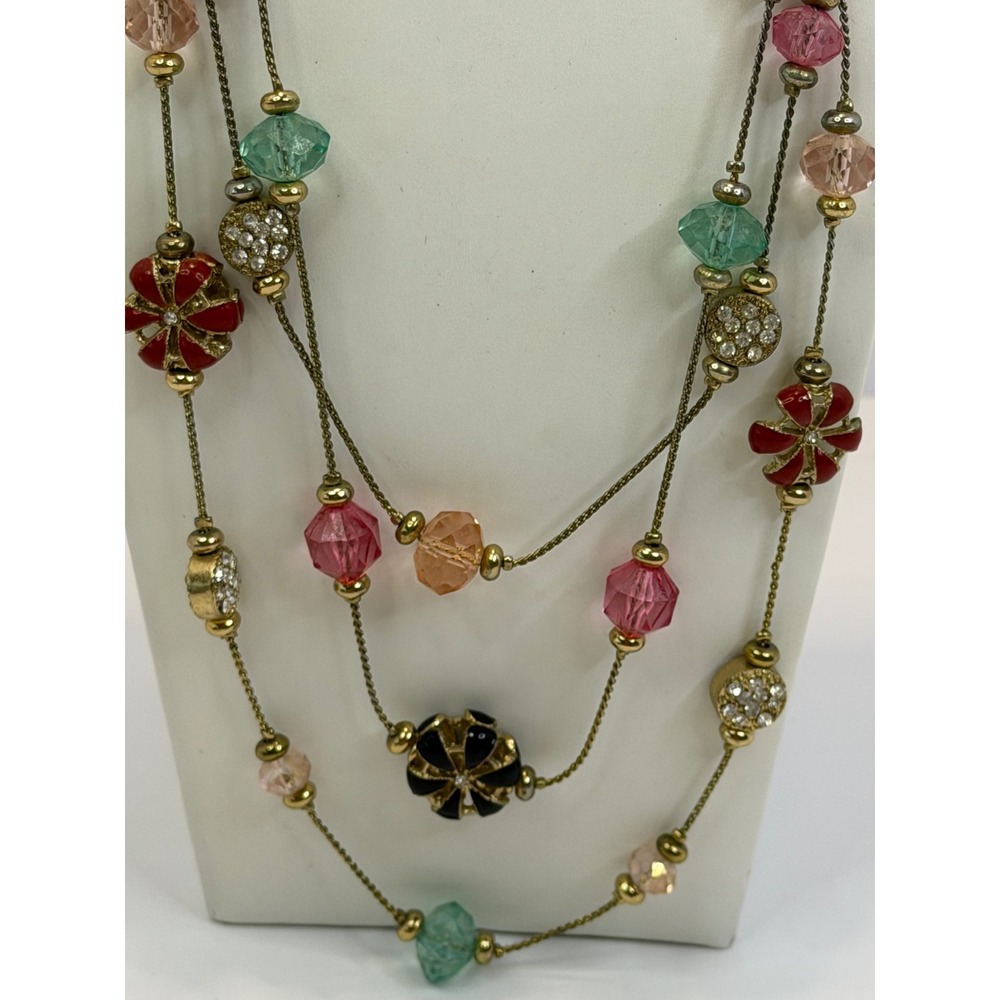 Gold Tone Multi Strand Layered Necklace Floral Rhinestone Pink Beads‎ Boho Y2K - Picture 2 of 5
